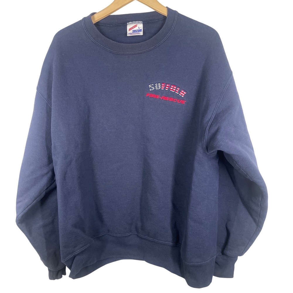 Vintage Jerzees Suffolk Fire Rescue NY Sweatshirt Navy Blue L Made USA Crewneck